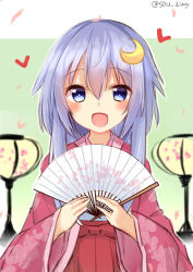 Rule 34 | 1girl, :d, blue eyes, blue hair, blush, commentary request, crescent, crescent hair ornament, floral print, folding fan, green background, hair between eyes, hair ornament, hakama, hakama skirt, hand fan, hands up, heart, holding, holding fan, japanese clothes, kantai collection, long hair, long sleeves, open mouth, red hakama, skirt, smile, solo, sou (soutennkouchi), twitter username, two-tone background, upper body, white background, wide sleeves, yayoi (kancolle)