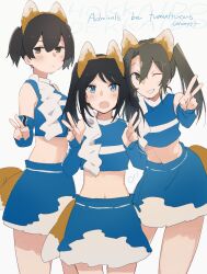 Rule 34 | 3girls, alternate costume, alternate hairstyle, animal ears, black hair, blue eyes, closed mouth, crop top, detached sleeves, double v, english text, fake animal ears, fake tail, fox ears, fox tail, green eyes, hair between eyes, highres, hokkaido nippon-ham fighters, kaga (kancolle), kantai collection, katsuragi (kancolle), looking at viewer, ma rukan, matching hairstyle, matching outfits, midriff, multiple girls, nippon professional baseball, official alternate costume, one eye closed, open mouth, side ponytail, simple background, skirt, tail, twintails, v, white background, zuikaku (kancolle)