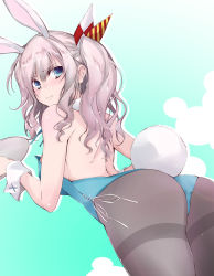 Rule 34 | 1girl, animal ears, ass, black pantyhose, blue background, blue eyes, blue leotard, commentary request, cowboy shot, detached collar, fake animal ears, from behind, from below, kantai collection, kashima (kancolle), leotard, looking at viewer, looking back, pantyhose, playboy bunny, rabbit ears, rabbit tail, sidelocks, silver hair, solo, tail, thighband pantyhose, tray, twintails, wavy hair, wrist cuffs, yumesato makura