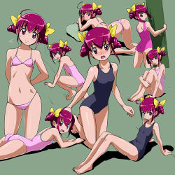 Rule 34 | 10s, 1girl, :d, arm support, ass, barefoot, bikini, bow, casual one-piece swimsuit, drill hair, feet, flying sweatdrops, hair bow, hoshizora miyuki, hugging own legs, lying, navel, on stomach, one-piece swimsuit, open mouth, pillow, pink bikini, pink hair, pink one-piece swimsuit, pole, precure, purple eyes, rohitsuka, school swimsuit, sitting, smile, smile precure!, swimsuit, twin drills, twintails