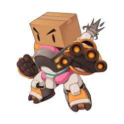 Rule 34 | 1boy, box on head, chibi, clenched hand, exoskeleton, full body, male focus, mechanic (ragnarok online), official art, ragnarok online, reaching, reaching towards viewer, simple background, solo, transparent background, yuichirou