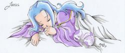 Rule 34 | 1990s (style), 1boy, alfador, animal, blue hair, cat, chrono (series), chrono trigger, closed eyes, full body, janus zeal, long hair, long sleeves, maevachan, male focus, md5 mismatch, pajamas, retro artstyle, simple background, sleeping, solo, under covers, white background