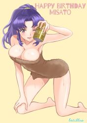 Rule 34 | 1girl, alternate hairstyle, artist name, bacillus, barefoot, beer can, blush, breasts, brown eyes, can, character name, cleavage, curvy, drink can, female focus, fingernails, full body, happy birthday, holding, holding can, katsuragi misato, kneeling, large breasts, long hair, naked towel, navel, neon genesis evangelion, one eye closed, ponytail, purple hair, shiny skin, signature, smile, solo, thick thighs, thighs, towel, wet, white background, wide hips, wink, yellow background