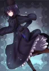 Rule 34 | 1girl, black gloves, blush, boots, brown footwear, capelet, closed mouth, dress, feet out of frame, fur hat, fur trim, gloves, hair between eyes, hat, highres, holding, kuonji alice, long sleeves, looking at viewer, mahou tsukai no yoru, petticoat, pom pom (clothes), purple capelet, purple dress, purple eyes, purple hair, short hair, solo, standing, standing on one leg, tanaji, thigh boots, thighhighs, twitter username