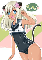 Rule 34 | 10s, 1girl, absurdres, animal ears, blonde hair, blue eyes, cat ears, crop top, floret, flower, hair flower, hair ornament, highres, kantai collection, long hair, ro-500 (kancolle), sailor collar, school swimsuit, swimsuit, swimsuit under clothes, tan, tanline