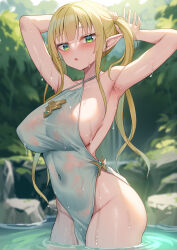Rule 34 | 1girl, alexmaster, armpits, arms behind head, arms up, bare shoulders, bathing, blonde hair, blush, breasts, collarbone, dress, elf, green dress, green eyes, highres, large breasts, long hair, looking at viewer, open mouth, original, pelvic curtain, pointy ears, short dress, sideboob, solo, thighs, twintails, wading, water, wet