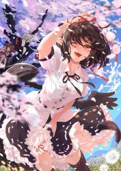 Rule 34 | 3girls, ;d, animal ears, bird wings, black hair, black ribbon, black skirt, bloomers, blue sky, blurry, blush, brown hair, buttons, cherry blossoms, cloud, collared shirt, depth of field, detached sleeves, feathered wings, feathers, fisheye, floating hair, frilled skirt, frills, hand up, hat, highres, himekaidou hatate, in tree, inubashiri momiji, kagami toufu, multiple girls, neck ribbon, one eye closed, open mouth, pointy ears, pom pom (clothes), puffy short sleeves, puffy sleeves, red eyes, red headwear, red ribbon, ribbon, ribbon-trimmed legwear, ribbon trim, shameimaru aya, shirt, short hair, short sleeves, sitting, sitting in tree, skirt, sky, sleeping, sleeping upright, smile, solo focus, tail, tassel, teeth, thighhighs, tokin hat, touhou, tree, twintails, underwear, white hair, white shirt, wind, wings, wolf ears, wolf tail