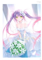 Rule 34 | 1girl, absurdres, bare shoulders, blush, breasts, cleavage, collarbone, dress, flower, flower on head, gloves, green eyes, highres, hololive, jewelry, long hair, necklace, parted lips, rurudo, tokoyami towa, very long hair, virtual youtuber, wedding dress, white gloves