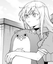 Rule 34 | 1girl, bokukawauso, building, cloud, greyscale, highres, hugging doll, hugging object, kantai collection, long hair, machi (ritovoyage), monochrome, sky, solo, stuffed otter, u-511 (kancolle), upper body