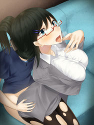 Rule 34 | 1girl, black hair, blue eyes, blush, bottomless, breast hold, breasts, business suit, clothed sex, collared shirt, couch, crying, eyebrows, formal, glasses, grey skirt, hair ornament, hair up, hairclip, heavy breathing, highres, indoors, kurasaki aya, large breasts, legs, long hair, looking up, mole, open mouth, original, osananajimi na fuyuka-chan wa motto shounen ni kamatte hoshii you desu, pantyhose, red-framed eyewear, semi-rimless eyewear, shirt, sitting, sitting on person, skirt, solo focus, suit, tears, thighs, torn clothes, torn legwear