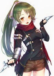Rule 34 | 1girl, :d, absurdres, bad id, bad pixiv id, black gloves, black jacket, bow, breasts, brown shorts, cowboy shot, fang, fingerless gloves, floating hair, gabriel (monster strike), gloves, green hair, hair bow, hair ornament, high ponytail, highres, holding, holding knife, jacket, jun (aousa0328), knife, long hair, long sleeves, looking at viewer, medium breasts, monster strike, open mouth, orange eyes, parted bangs, red scarf, scarf, short shorts, shorts, simple background, smile, solo, standing, star (symbol), star hair ornament, white background, white bow