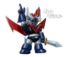 Rule 34 | character name, chibi, great mazinger, great mazinger (robot), holding, holding sword, holding weapon, mazinger (series), mecha, mechanical wings, moukin punch, no humans, pointing, pointing up, robot, solo, sword, weapon, white background, wings, yellow eyes