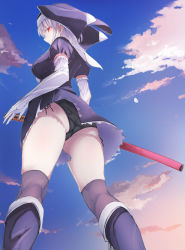 Rule 34 | 1girl, arm garter, arms at sides, ass, black panties, boots, breasts, cameltoe, cloud, cloudy sky, commentary request, cowboy shot, day, dress, elbow gloves, from behind, from below, gloves, highres, holding, holding weapon, katana, knee boots, kojiri, looking at viewer, medium hair, original, panties, pantyshot, puffy short sleeves, puffy sleeves, purple dress, purple legwear, red eyes, saya (scabbard), short sleeves, side-tie panties, sky, solo, standing, sword, thighs, tsuka (handle), twisted neck, underwear, upskirt, weapon, white hair, yukiguni yuu