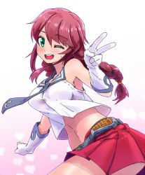 Rule 34 | 10s, 1girl, ;d, braid, breasts, brown hair, gloves, green eyes, kantai collection, large breasts, long hair, magenta (atyana), midriff, navel, noshiro (kancolle), one eye closed, open mouth, school uniform, serafuku, skirt, smile, solo, twin braids, v, white gloves