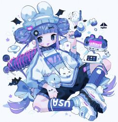 1girl :3 baseball_bat black_shorts blue_bow blue_nails blue_socks blue_trim blunt_bangs blush_stickers bow candy commentary_request cotono_(nazekun) double_bun eraser food full_body grey_hat hair_bow hair_bun hair_ornament hairclip handheld_game_console hat hat_with_ears highres knees_apart_feet_together lollipop long_hair long_sleeves milkshake multicolored_nails nail nail_(hardware) nail_bat open_mouth original pink_pupils purple_bow purple_eyes purple_hair purple_nails shoes shorts sitting smile sneakers socks sticker_on_face sticker_on_hand striped_clothes striped_socks sweater too_many_bows vertical-striped_clothes vertical-striped_socks white_shoes white_sweater x_hair_ornament