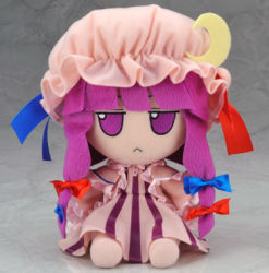 Rule 34 | character doll, chibi, crescent, dress, female focus, gift-gift, hat, lowres, mob cap, patchouli knowledge, photo (medium), purple eyes, solo, striped clothes, striped dress, touhou, toy