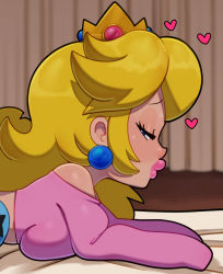 Rule 34 | 1girl, bare shoulders, bed sheet, blonde hair, blue eyes, breast press, breasts, casual, crop top, crown, earrings, eyelashes, from side, furrowed brow, half-closed eyes, heart, highres, indoors, jewelry, large breasts, lips, long hair, long sleeves, looking back, lying, mario (series), nintendo, nose, off-shoulder shirt, off shoulder, on stomach, pink lips, pink shirt, princess peach, shirt, sleeves past fingers, sleeves past wrists, solo, somescrub, super mario bros. 1, sweat, thick lips