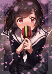 Rule 34 | 1girl, absurdres, black hair, blurry, blurry foreground, blush, cherry blossoms, covering own mouth, eye reflection, framed, hair ornament, hairclip, hanayamata, highres, holding, kootee-on, looking at viewer, naruko (instrument), red eyes, reflection, school uniform, sekiya naru, short hair, solo