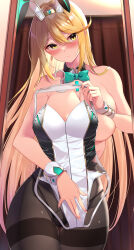 Rule 34 | 1girl, absurdres, animal ears, bare shoulders, black panties, black pantyhose, blonde hair, blush, bow, bowtie, breasts, chest jewel, closed mouth, covering breasts, covering privates, curtains, detached collar, earrings, eel mizue, green bow, green bowtie, highres, holding, holding clothes, holding clothes hanger, jewelry, large breasts, leotard, long hair, looking at mirror, looking at viewer, mirror, mythra (massive melee) (xenoblade), mythra (xenoblade), panties, panties under pantyhose, pantyhose, playboy bunny, rabbit ears, single earring, solo, thigh gap, thighband pantyhose, underwear, very long hair, white leotard, wrist cuffs, xenoblade chronicles (series), xenoblade chronicles 2, yellow eyes