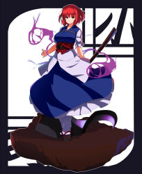 Rule 34 | 1girl, black footwear, blue dress, commentary request, dress, full body, hair bobbles, hair ornament, highres, holding, holding scythe, looking at viewer, onozuka komachi, red eyes, red hair, sash, scythe, short hair, solo, totosu, touhou, two side up
