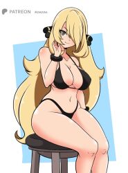 1girl bikini black_bikini blonde_hair border breasts cleavage closed_mouth creatures_(company) curvy cynthia_(pokemon) fur_cuffs game_freak grey_eyes hair_ornament hair_over_one_eye hand_up large_breasts long_hair looking_at_viewer momocka-art navel nintendo pokemon pokemon_dppt sitting smile solo stomach stool strap_gap swimsuit thick_thighs thighs very_long_hair white_border wide_hips