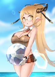 Rule 34 | 10s, 1girl, ball, bare shoulders, beachball, between breasts, black ribbon, blonde hair, blush, breasts, cleavage, day, detached collar, draph, glasses, gloves, granblue fantasy, hair ribbon, highres, holding, horns, katuu, large breasts, long hair, looking at viewer, microskirt, necktie, necktie between breasts, open mouth, outdoors, plaid, plaid necktie, plaid neckwear, plaid skirt, pleated skirt, pointy ears, ponytail, red necktie, red skirt, ribbon, rimless eyewear, sarya (granblue fantasy), skirt, solo, standing, strap gap, water, white gloves, yellow eyes
