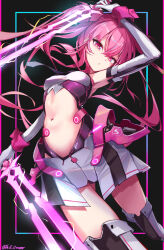 Rule 34 | 1girl, arm up, artist name, bare shoulders, breasts, clothing cutout, cosplay, detached sleeves, dual wielding, elbow gloves, electricity, gloves, grace (sound voltex), highres, holding, holding sword, holding weapon, kie (yospcd), leotard, long hair, medium breasts, midriff, navel, navel cutout, necktie, open mouth, pink eyes, pink hair, rasis, rasis (cosplay), skirt, solo, sound voltex, sword, thighhighs, thighs, twintails, very long hair, weapon, white gloves, white skirt