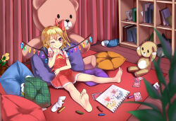 Rule 34 | 1girl, ascot, barefoot, blonde hair, blurry, blurry foreground, bookshelf, bow, breasts, child&#039;s drawing, collared shirt, crayon, crystal, danmaku, feet, flandre scarlet, frilled shirt collar, frilled skirt, frilled sleeves, frills, full body, hair between eyes, hair bow, hand on own cheek, hand on own face, head rest, highres, indoors, leaf, medium hair, multicolored wings, no headwear, one eye closed, one side up, picture frame, pillow, plant, potted plant, puffy short sleeves, puffy sleeves, red bow, red curtains, red eyes, red ribbon, red skirt, red vest, ribbon, shirt, short sleeves, sketchbook, skirt, skirt set, sleeve ribbon, small breasts, socks, soles, solo, stuffed animal, stuffed toy, teddy bear, toes, touhou, unworn socks, vest, white shirt, white socks, wings, wooden floor, yellow ascot, younggk