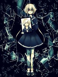 Rule 34 | 10s, 1girl, black dress, blue eyes, drawing (object), dress, dual persona, glass shards, grey eyes, hair ribbon, holding, holding drawing, konno junko, long hair, looking at viewer, low twintails, patchwork skin, pcpcpc8v, pleated skirt, red eyes, ribbon, sailor collar, school uniform, shattered, skirt, solo, stitched face, stitched leg, stitches, twintails, white hair, zombie, zombie land saga