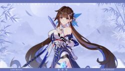 Rule 34 | 1girl, breasts, brown hair, character name, chinese clothes, earrings, english text, fingerless gloves, gloves, highres, honkai (series), honkai impact 3rd, jewelry, jian (weapon), large breasts, li sushang, li sushang (jade knight), long hair, looking at viewer, moon, official art, official wallpaper, smile, solo, standing, sword, upper body, very long hair, weapon