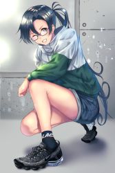 Rule 34 | 1girl, absurdres, alternate costume, amagiri (kancolle), asymmetrical bangs, black footwear, black hair, casual, commentary request, denim, denim shorts, full body, glasses, grey-framed eyewear, grey eyes, grin, highres, jacket, kantai collection, kazu (otonoki86), long hair, looking at viewer, multicolored clothes, multicolored jacket, nike (company), ponytail, shoes, shorts, smile, sneakers, solo, squatting, two-tone jacket, very long hair