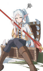 Rule 34 | 1girl, black pantyhose, boots, brown footwear, commentary request, dress, duona, earrings, elf, facing viewer, frieren, green eyes, grey hair, hair in own mouth, highres, holding, holding staff, jewelry, knees together feet apart, long hair, long sleeves, looking to the side, mimic, mimic chest, pantyhose, pointy ears, short eyebrows, simple background, sitting, solo, sousou no frieren, staff, tearing up, thick eyebrows, twintails, white background, white dress, wide sleeves
