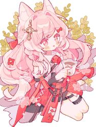 Rule 34 | 1girl, :o, animal ears, arknights, blush, bow, braid, clothing cutout, cropped legs, cup, flower, flower-shaped pupils, hair bow, hair ornament, high-waist skirt, highres, holding, holding cup, long hair, nail polish, open mouth, pink eyes, pink hair, pink nails, pixelated, plant, pozyomka (arknights), red bow, red flower, red rose, red skirt, rose, saucer (saucer752), shoulder cutout, side braid, sidelocks, simple background, skirt, solo, sparkle, symbol-shaped pupils, teacup, thigh strap, very long hair, white background, wolf ears, wolf girl