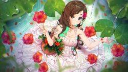 Rule 34 | 1girl, agnamore, aqua nails, bad id, bad pixiv id, bare arms, bare shoulders, basket, blush, breasts, brown eyes, brown hair, cleavage, dress, eyebrows hidden by hair, flower, hands up, long hair, looking at viewer, medium breasts, nail polish, original, parted lips, petals, red flower, ripples, sleeveless, sleeveless dress, solo, strap slip, very long hair, water, white dress