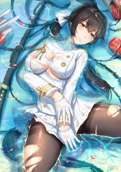 Rule 34 | 1girl, animal ears, azur lane, black hair, blush, bow, breasts, brown eyes, cannon, cleavage, covered erect nipples, dated, enico, frown, gloves, hair bow, half-closed eyes, half gloves, head tilt, highres, in water, jacket, large breasts, long hair, long sleeves, looking at viewer, lying, machinery, military, military uniform, miniskirt, no bra, on back, pantyhose, partially submerged, pleated skirt, ponytail, rigging, signature, skirt, solo, sword, takao (azur lane), thighs, torn clothes, torn pantyhose, turret, uniform, very long hair, weapon, wet, white bow, white gloves, white jacket, white skirt