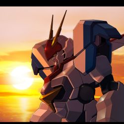 Rule 34 | d-1, from side, g.yamamoto, highres, kikou senki dragonar, letterboxed, looking down, mecha, no humans, robot, science fiction, solo, sunset, upper body, water, yellow eyes