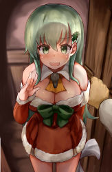 Rule 34 | 1girl, absurdres, against wall, aqua eyes, aqua hair, ascot, bare shoulders, blush, breasts, cleavage, detached sleeves, door, hair ornament, hairclip, highres, kabedon, kantai collection, large breasts, long hair, looking at another, looking at viewer, okitsugu, open mouth, pov, santa costume, smile, solo, solo focus, suzuya (kancolle), sweatdrop, thighs, wavy mouth