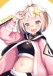 Rule 34 | 1girl, :d, absurdres, arm up, black nails, black shirt, breasts, character request, commentary, crop top, groin, hair ornament, highres, indie virtual youtuber, jacket, light brown hair, long sleeves, midriff, nail polish, navel, open clothes, open jacket, open mouth, pink jacket, puffy long sleeves, puffy sleeves, purple eyes, shirt, short eyebrows, small breasts, smile, solo, sylphine, thick eyebrows, twitter username, two-tone background, virtual youtuber, white background, yellow background