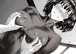 Rule 34 | 1girl, annoyed, black dress, black hair, blush, grabbing another&#039;s breast, breasts, daraz, dress, fubuki (one-punch man), grabbing, greyscale, hair between eyes, large breasts, lips, long sleeves, looking at viewer, monochrome, one-punch man, short hair, upper body
