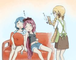 Rule 34 | 10s, 3girls, apron, bad drawr id, bad id, blush, casual, cellphone, couch, cushion, drooling, leaning, leaning on person, long hair, mahou shoujo madoka magica, mahou shoujo madoka magica (anime), midriff, miki sayaka, multiple girls, nao-08, open mouth, phone, red upholstery, sakura kyoko, shorts, sitting, skirt, sleeping, taking picture, tank top, tomoe mami, translated, very long hair, zzz