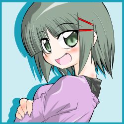 Rule 34 | aizawa sakuya, blush, fang, green eyes, grey hair, hair ornament, hairclip, hayate no gotoku!, ikebata homura, looking back, short hair, smile, solo