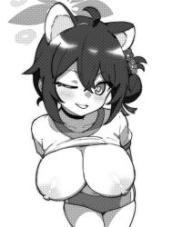 Rule 34 | 1girl, ahoge, animal ears, breasts, buruma, character request, commentary, copyright request, greyscale, gym uniform, large breasts, looking at viewer, monochrome, nipples, one eye closed, onkn sxkn, short hair, simple background, solo