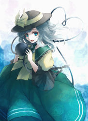 Rule 34 | 1girl, awa toka, black hat, bow, floating hair, floral print, green hair, green shirt, hat, hat bow, heart, heart of string, komeiji koishi, looking at viewer, open mouth, shirt, silver hair, smile, solo, third eye, touhou, wide sleeves, yellow bow, yellow shirt