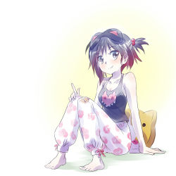 Rule 34 | 1girl, barefoot, bee, black hair, breasts, brown hair, bug, cleavage, floral print, full body, gradient hair, grey eyes, hair bobbles, hair ornament, highres, iesupa, insect, multicolored hair, pajamas, pillow, red hair, rose print, ruby rose, rwby, simple background, sitting, sleep mask, smile, solo