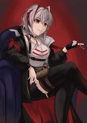 Rule 34 | 1girl, absurdres, ahoge, alternate costume, antennae, arknights, armchair, barach, black choker, black gloves, black jacket, black thighhighs, chair, choker, commentary, feet out of frame, fingerless gloves, gloves, grey hair, grey tank top, grin, hair between eyes, highres, horns, jacket, nail polish, open clothes, open jacket, orange eyes, pouch, red background, red nails, short hair, smile, solo, standing, tank top, thighhighs, thighs, w (arknights)