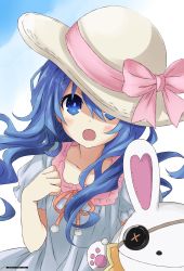 Rule 34 | 1girl, :d, absurdres, blue eyes, blue hair, collarbone, colorized, date a live, day, dress, floating hair, grey dress, grey hat, hair between eyes, hat, hat ribbon, highres, long hair, looking at viewer, open mouth, outdoors, pink ribbon, ribbon, short sleeves, smile, solo, standing, sun hat, tsunako, upper body, very long hair, yoshino (date a live), yoshinon