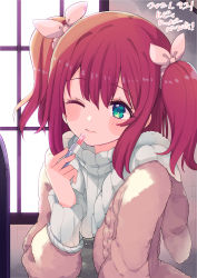 Rule 34 | 1girl, ;), aqua eyes, artist name, artist request, blush, bow, breasts, close-up, coat, cosmetics, female focus, green eyes, hair between eyes, hair bow, holding, holding lipstick tube, kurosawa ruby, lipstick tube, looking at viewer, love live!, love live! sunshine!!, one eye closed, parted lips, pink bow, pink coat, red hair, short hair, smile, solo, twintails, two side up, upper body, vcream unknow, window, wink