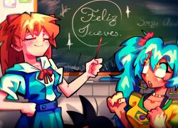 2girls absurdres alpharecdyt blue_hair brazilian_flag brazilian_miku brown_hair feliz_jueves feliz_jueves_(meme) hatsune_miku highres long_hair meme multiple_girls neon_genesis_evangelion school_uniform skirt son_goku souryuu_asuka_langley suspender_skirt suspenders tan tokyo-3_middle_school_uniform twintails very_long_hair vocaloid