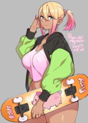 Rule 34 | 1girl, adjusting hair, agawa ryou, blonde hair, breasts, commentary, covered erect nipples, cowboy shot, curvy, dark-skinned female, dark skin, dated, earrings, english commentary, english text, gradient hair, hair between eyes, hair ornament, hair scrunchie, holding, holding skateboard, jacket, jewelry, large breasts, looking at viewer, multicolored hair, open clothes, open jacket, original, pig print, pink hair, ponytail, scrunchie, signature, simple background, skateboard, smile, solo, tank top, thick thighs, thighs