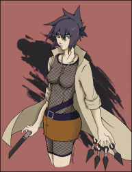 Rule 34 | 1girl, breasts, coat, cropped legs, female focus, fishnets, jewelry, knife, looking at viewer, mitarashi anko, naruto, naruto (series), necklace, ninja, purple hair, skirt, solo
